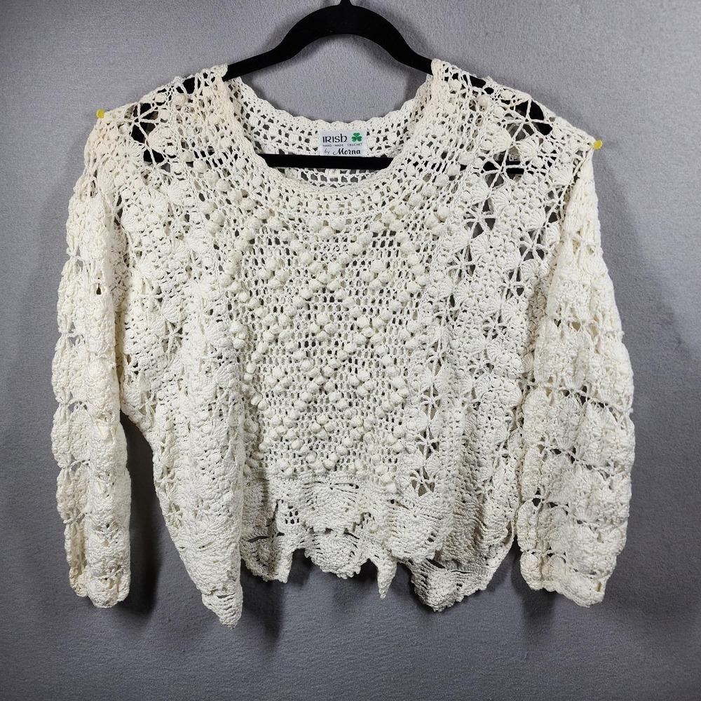 Vintage Irish Sweater Womens‎ Large White Hand Crochet Boho 80s 90s Cottagecore